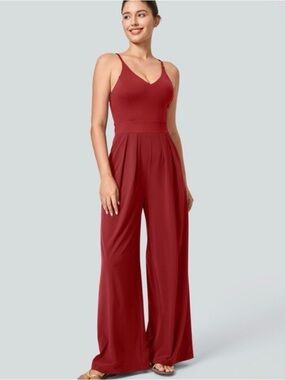 HALARA V-Neck Wide-Leg TALL Jumpsuit With Spaghetti Straps Bright RED